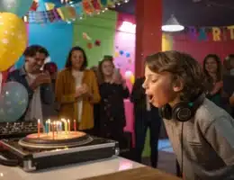 Un enfant soufflant ses bougies tandis que le DJ lance une musique de célébration.