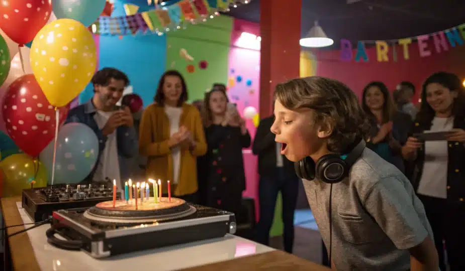 Un enfant soufflant ses bougies tandis que le DJ lance une musique de célébration.